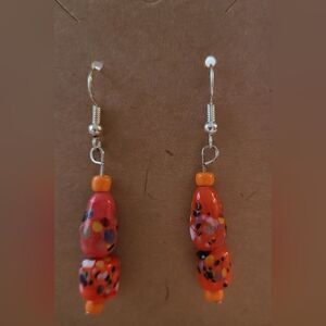 Orange with Multicolor Glass Bead Silver Toned Fish Hook Earrings J1-21
